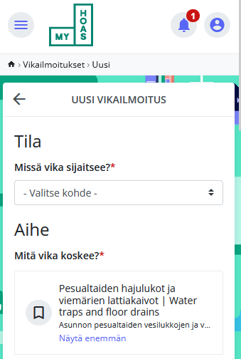 Kuvakaappaus, miltä uuden vikailmoituksen jättäminen näyttää. Kuvan alapuolella on selitetty, mitä tietoja vikailmoituksen jättäminen vaatii.