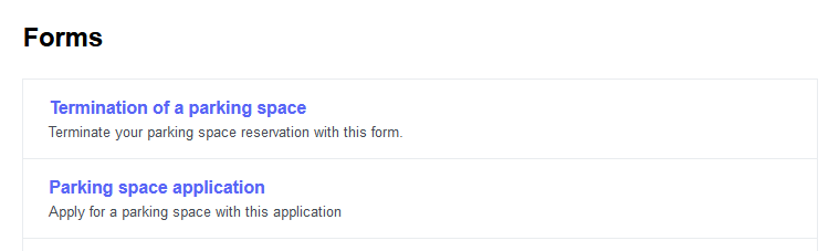 Screenshot of the Forms page. Shows two first forms on the page: Termination of a parking space and Parking space application.