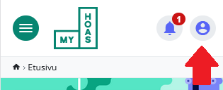 Kuvakaappaus MyHoasin etusivulta. Punainen nuoli osoittaa sivun oikeassa ylänurkassa olevaa profiilikuvaketta.